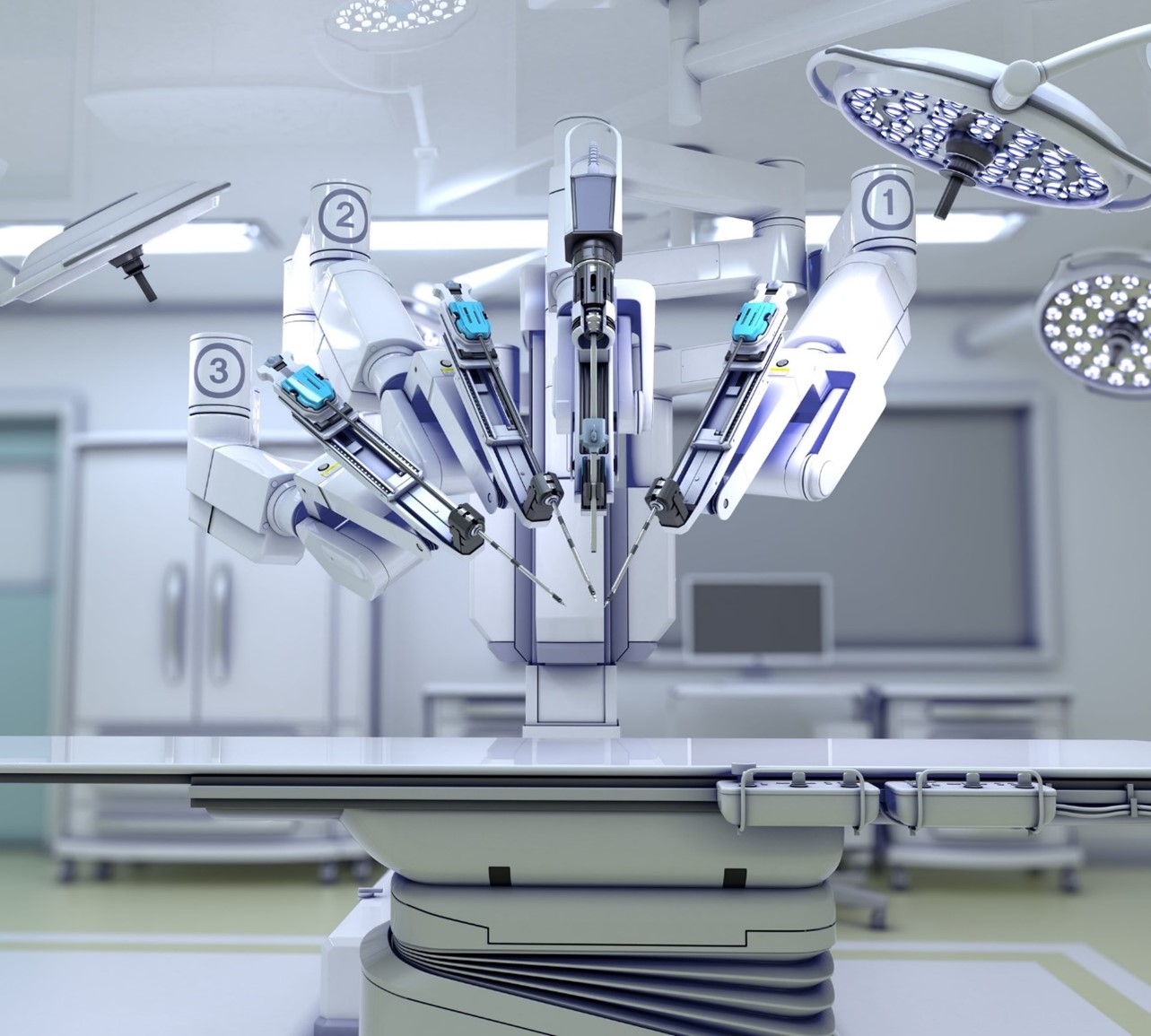 Na imagem, o sistema robótico cirúrgico Da Vinci da Intuitive Surgical